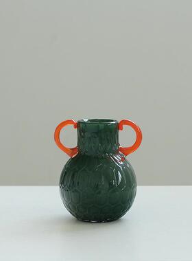 轻奢风双耳磁粉手工双色花纹大肚瓶餐桌玄关软装台面装饰彩色花瓶