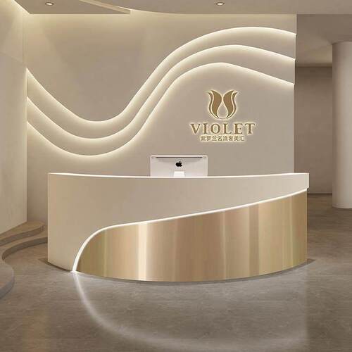 轻奢不锈钢服装店吧台桌公司前台接待台简约现代弧形美容院收银台