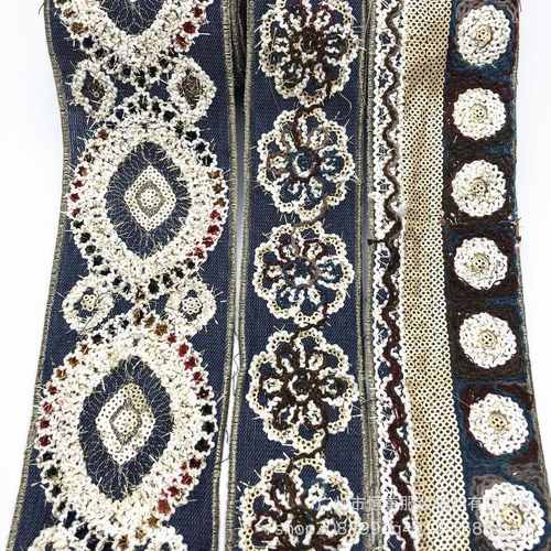 欧美外贸牛仔底布刺绣服装辅料花边 股线绣花条码现货直供