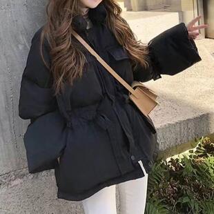 黑色立领棉服女小个子中长款面包服可爱抽绳收腰喇叭袖加厚外套