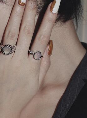 韩版S925镀银气质仿玉石戒指女复古时尚嘻哈镂空花朵开口开口指环