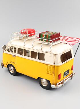 复古大众旅游巴士车模型铁艺怀旧汽车酒吧客厅橱窗柜创意装饰摆件