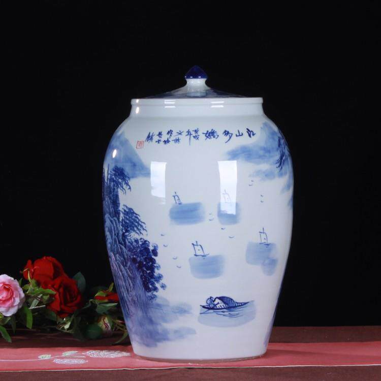 景德镇陶瓷工艺品手绘青花山水 陶瓷米缸 储物缸陶瓷摆件