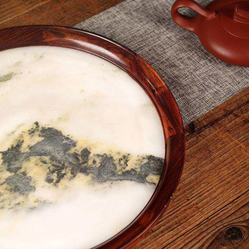 大红酸枝嵌云石圆形水果盘茶托盘交趾黄檀干泡茶盘甜点早餐盘底座