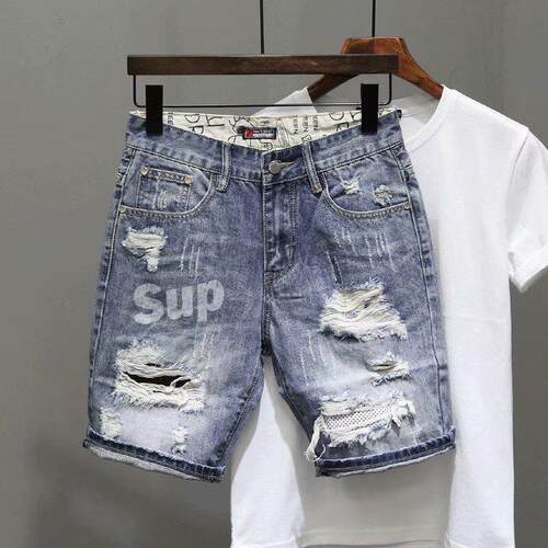 Men's Ripped Denim Shorts for Summer - Personality print