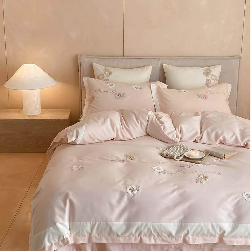 少女心100支磨毛四件套纯棉全棉被套花朵毛巾绣加厚床单床上用品