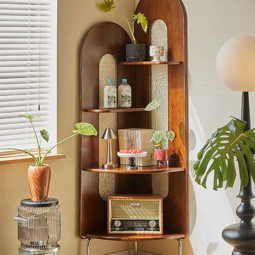 复古中古风实木转角柜子客厅沙发墙角落地水波纹置物架收纳储物柜