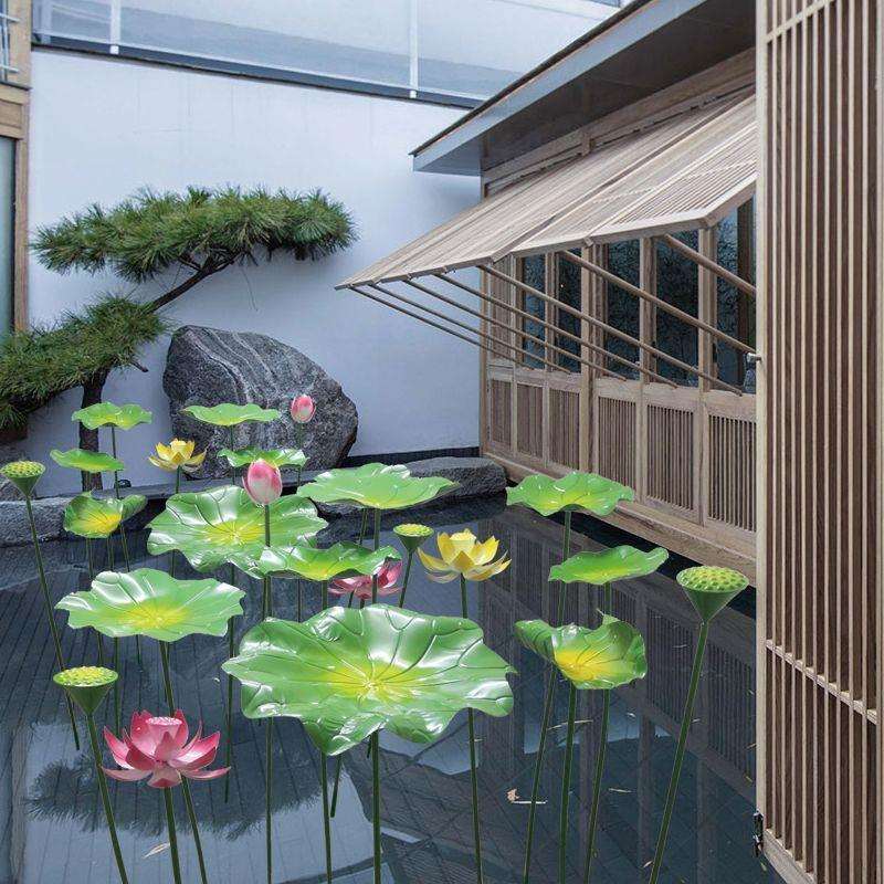 花园摆件莲花铁艺荷叶水景庭院不锈钢水池落地仿真花荷花摆饰装饰