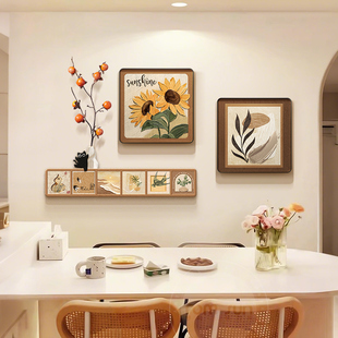 向日葵原木风餐厅挂画高级感客厅组合壁画奶油风餐桌背景墙装饰画