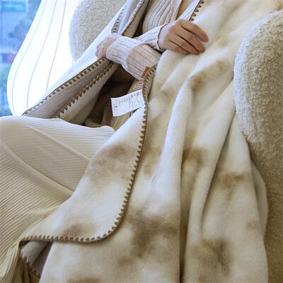 贵妇轻奢金绒水墨HYF貂印花金貂绒盖毯毯毛毯毯子样板间别墅防静