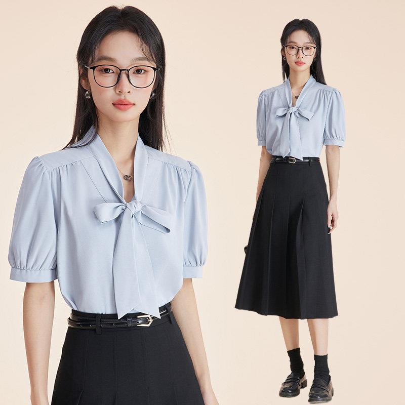 职业雪纺白色短袖衬衫女夏季考公教资答辩面试大学生正式场合套装