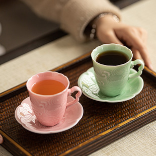 复古办公小号咖啡杯浮雕海浪水杯马克杯防烫茶杯品茗杯喝水杯