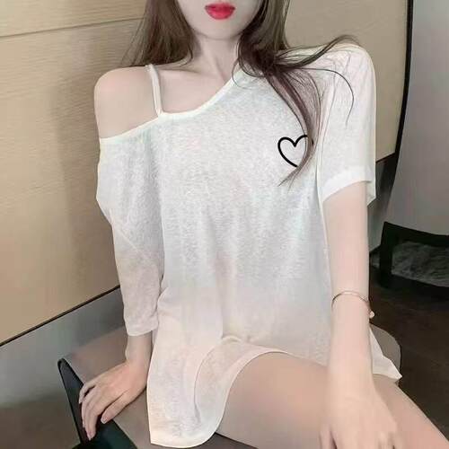 0728k露肩t恤白色夏季薄款女宽松上衣微透罩衫防晒中袖爵士舞上衣