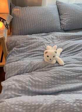 高档北风简约水洗贴标床被套现代风灰色单床笠款四欧件棉套宿舍三