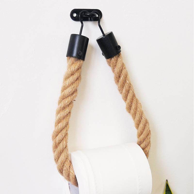 新款免打孔铁艺挂钩麻绳纸巾架厨房卧室壁挂卷纸架手纸架