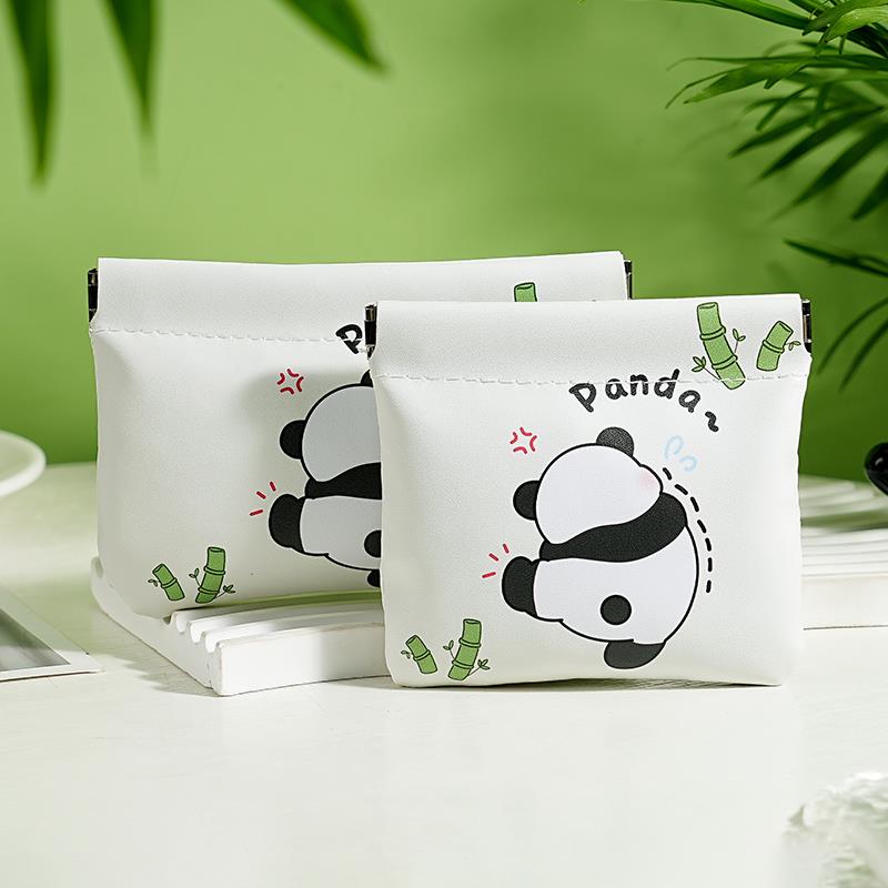 可爱熊猫弹片自动闭合数据线收纳包有线耳机随身袋迷你便携收纳袋
