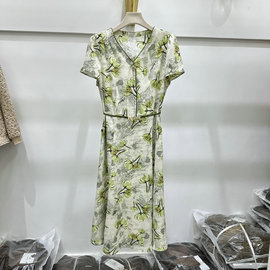 优雅气质短袖连衣裙女2024夏季修身显瘦中年妈妈洋气印花裙子