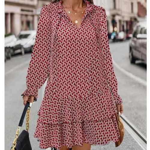 Over Print Frill Trim Tie Neck Ruffle Hem Dress Boho