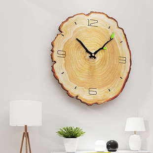 北欧挂钟客厅时尚创意树木纹年轮现代简约时钟静音家用原木质钟表