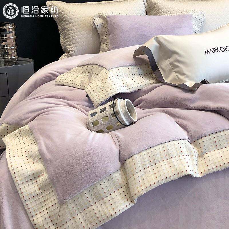 轻奢风加厚270G熊极绒四件套冬季波点刺绣保暖防静电被套床品黄色