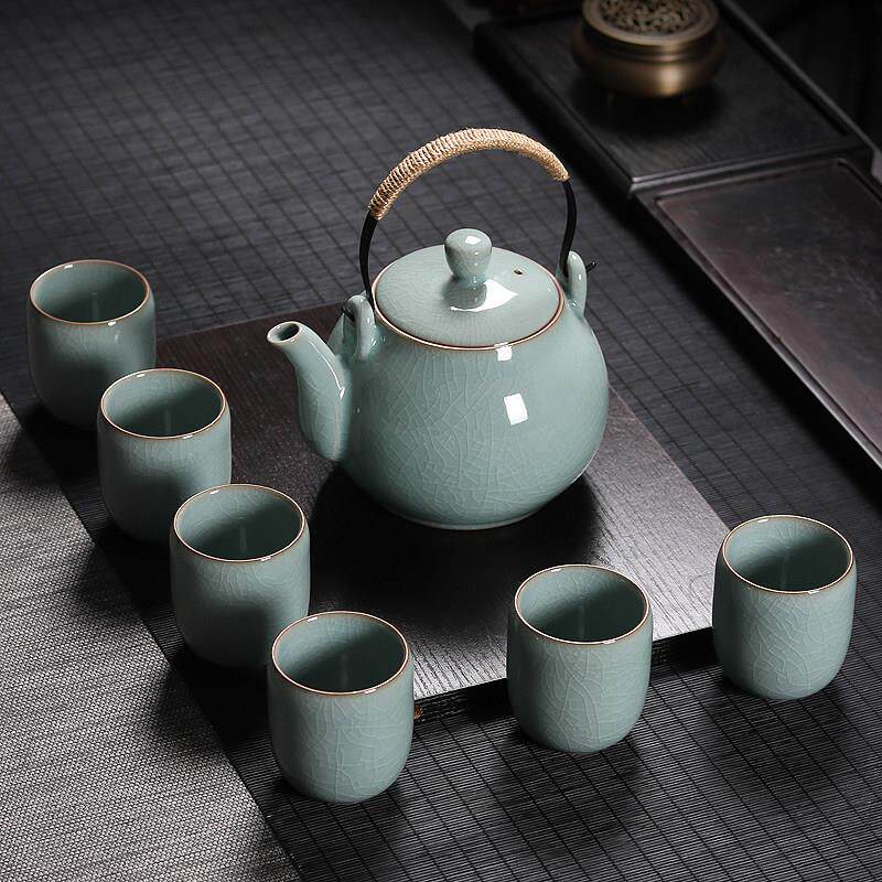 青瓷提梁泡茶壶大号功夫茶具套组家用龙泉冰裂陶瓷大容量茶杯整套