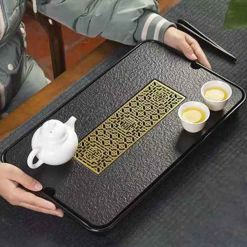 乌金石茶盘家用简易圆形日式小型陶瓷储水式排水干泡茶台茶海托盘