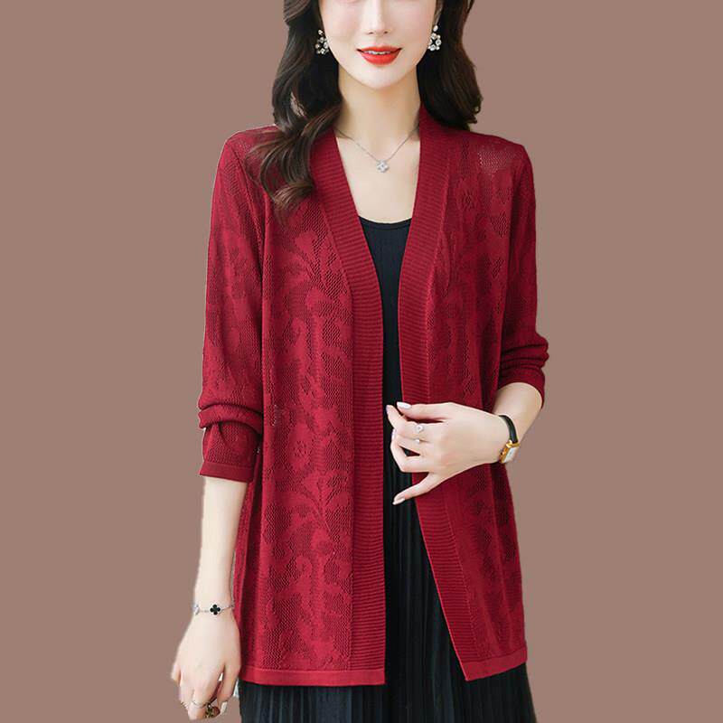 中年妈妈镂空针织开衫女薄款外套长袖桑蚕丝大尺码空调防晒衫春夏