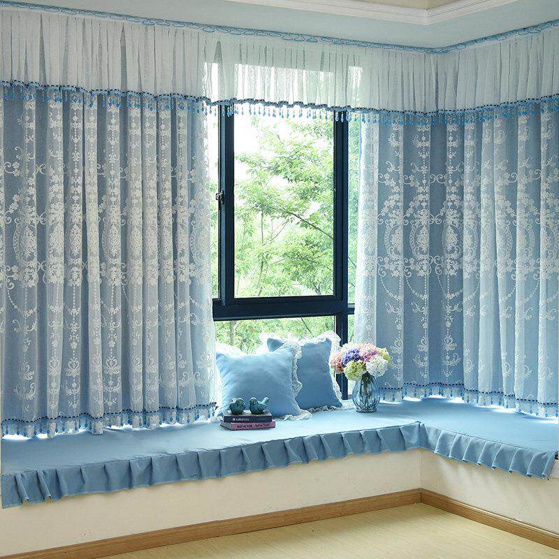 欧式现代简约飘窗双层全遮光卧室客厅落地窗遮阳隔热蓝色窗帘纱帘