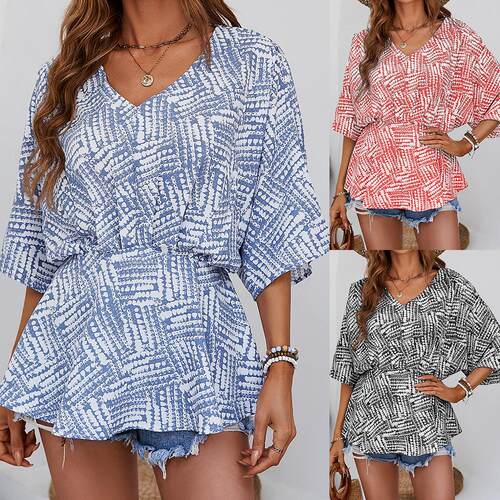 Shirt collar, waistband, printed top for women
