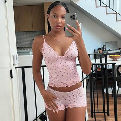 Womens All Over Ditsy Floral Print Cami Top Lace Trim Shorts