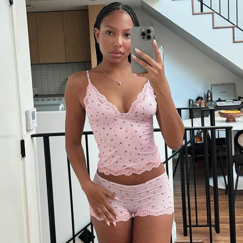 Womens All Over Ditsy Floral Print Cami Top Lace Trim Shorts