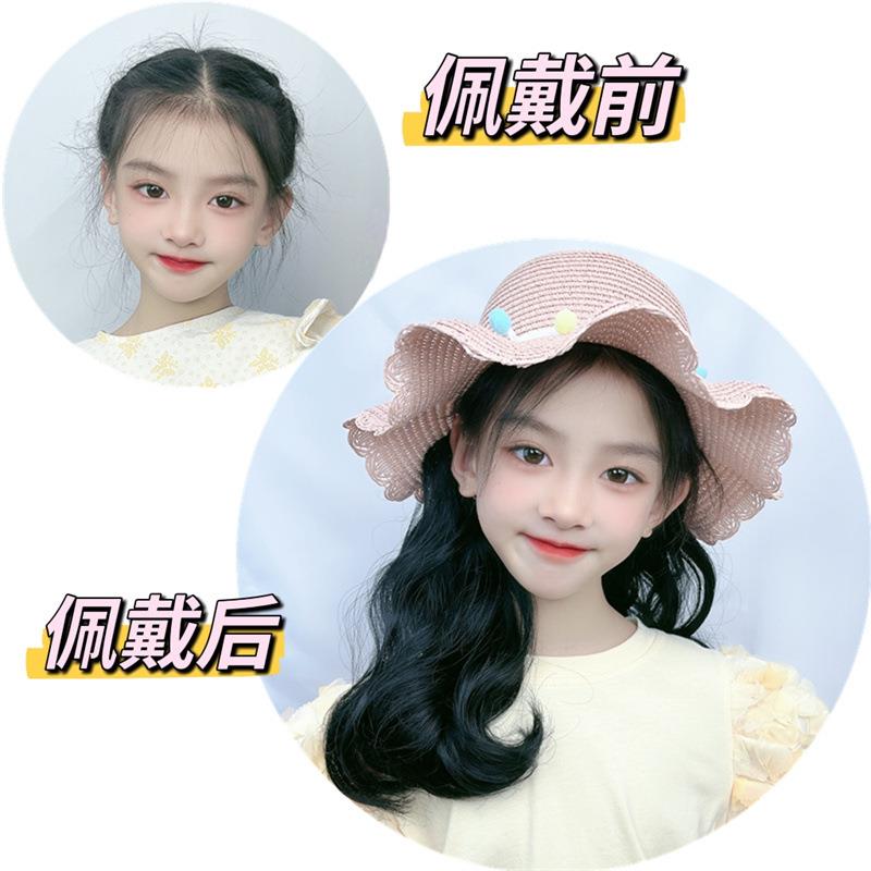 新款直销韩版儿童假发女沙滩渔夫帽长卷发一体化纤头套外贸中长发