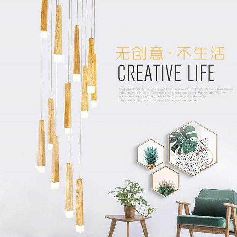 北欧创意复式楼梯长吊灯火柴棒木艺吊灯简约卧室别墅楼流星雨灯具