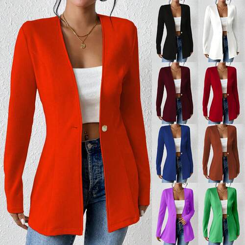 A pure color  single-button  V-neck  long-sleeved
