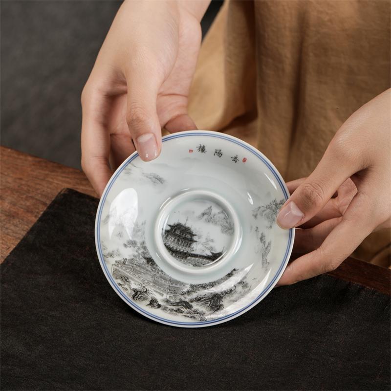 四大名楼盖碗单个景德镇仿古陶瓷茶杯墨彩青花泡茶碗功夫茶岳阳楼