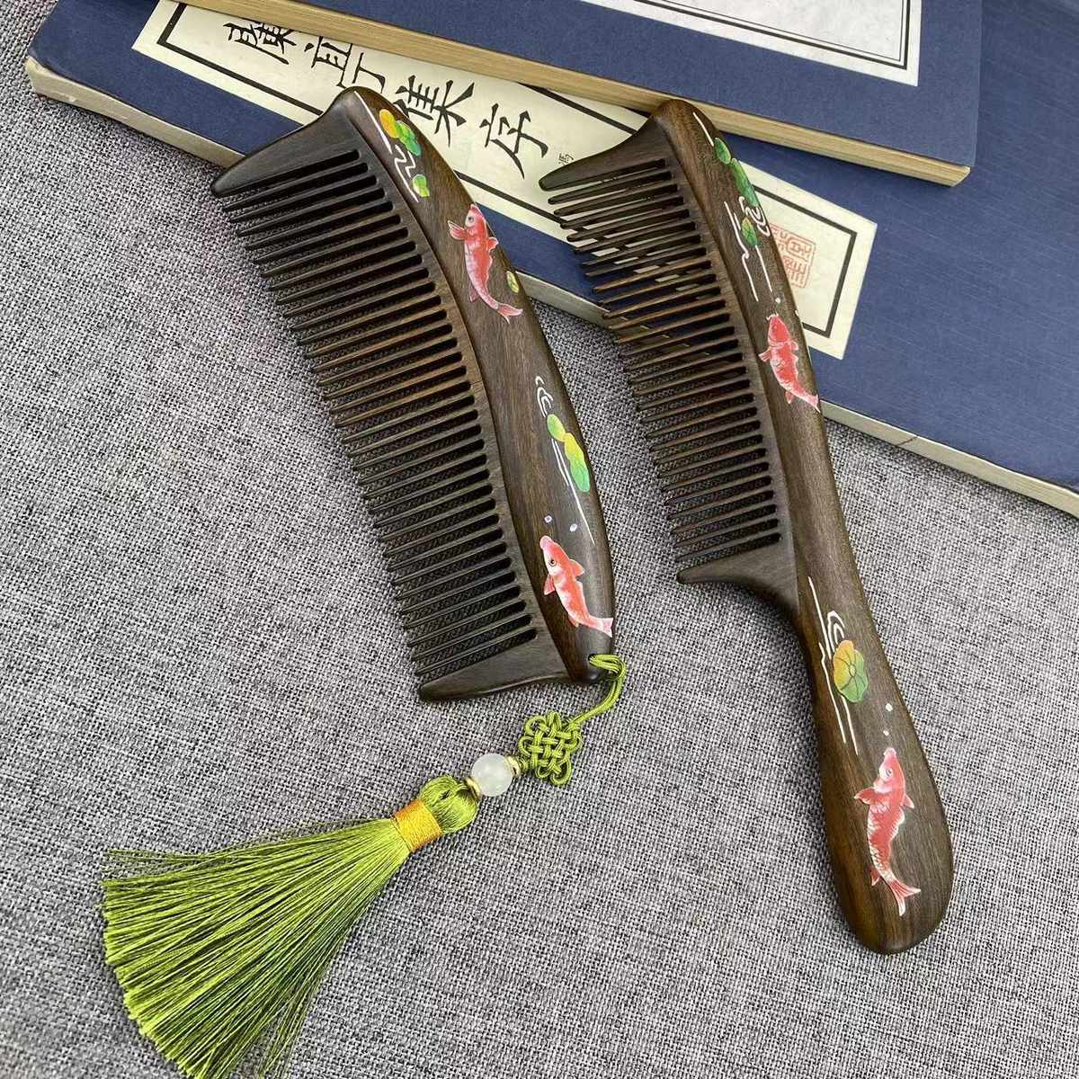 檀木梳手工彩绘图案漆艺工艺梳密齿古风镶齿梳子