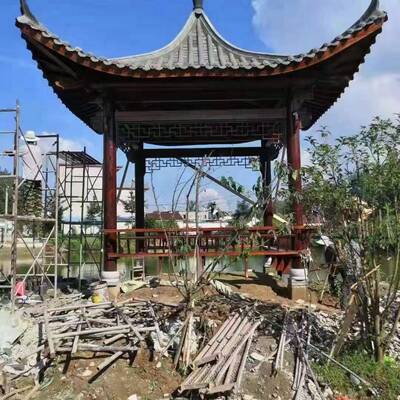 庭院苏式亭廊菠萝格四角亭六角亭防腐实木水榭半月亭景观风雨连廊