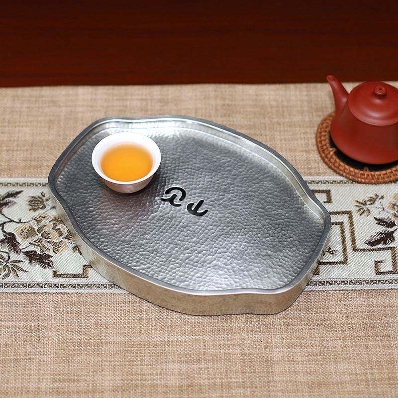 潮汕传统工艺锤纹锡茶盘手工长形锡壶承小茶船茶池潮州工夫茶锡器