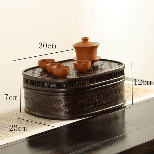 家用防尘日式竹编茶具收纳篮 漆器工艺品 多功能旅游茶具茶盘