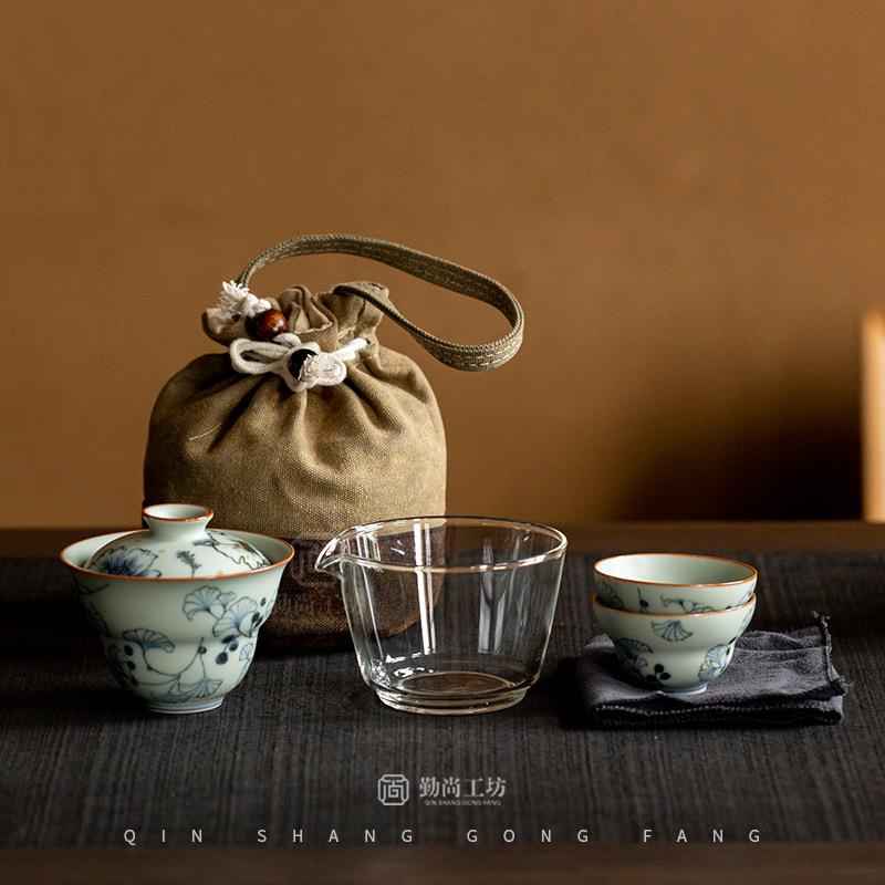 仿古青花汝窑一壶两杯快客杯小套组户外旅行便携陶瓷旅行茶具套装