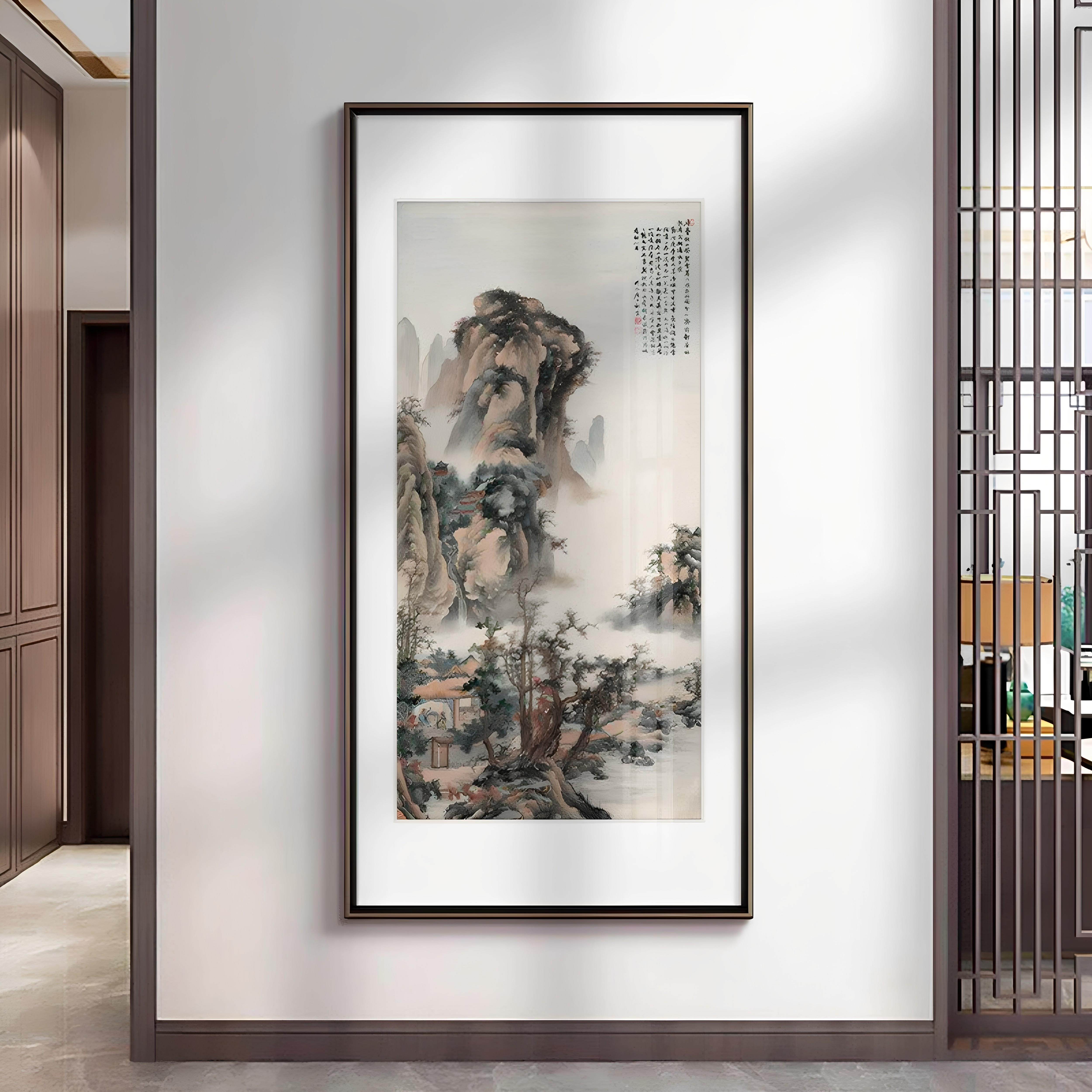 山水画招财壁画新中式玄关装饰画竖版挂画走廊尽头过道壁画国画