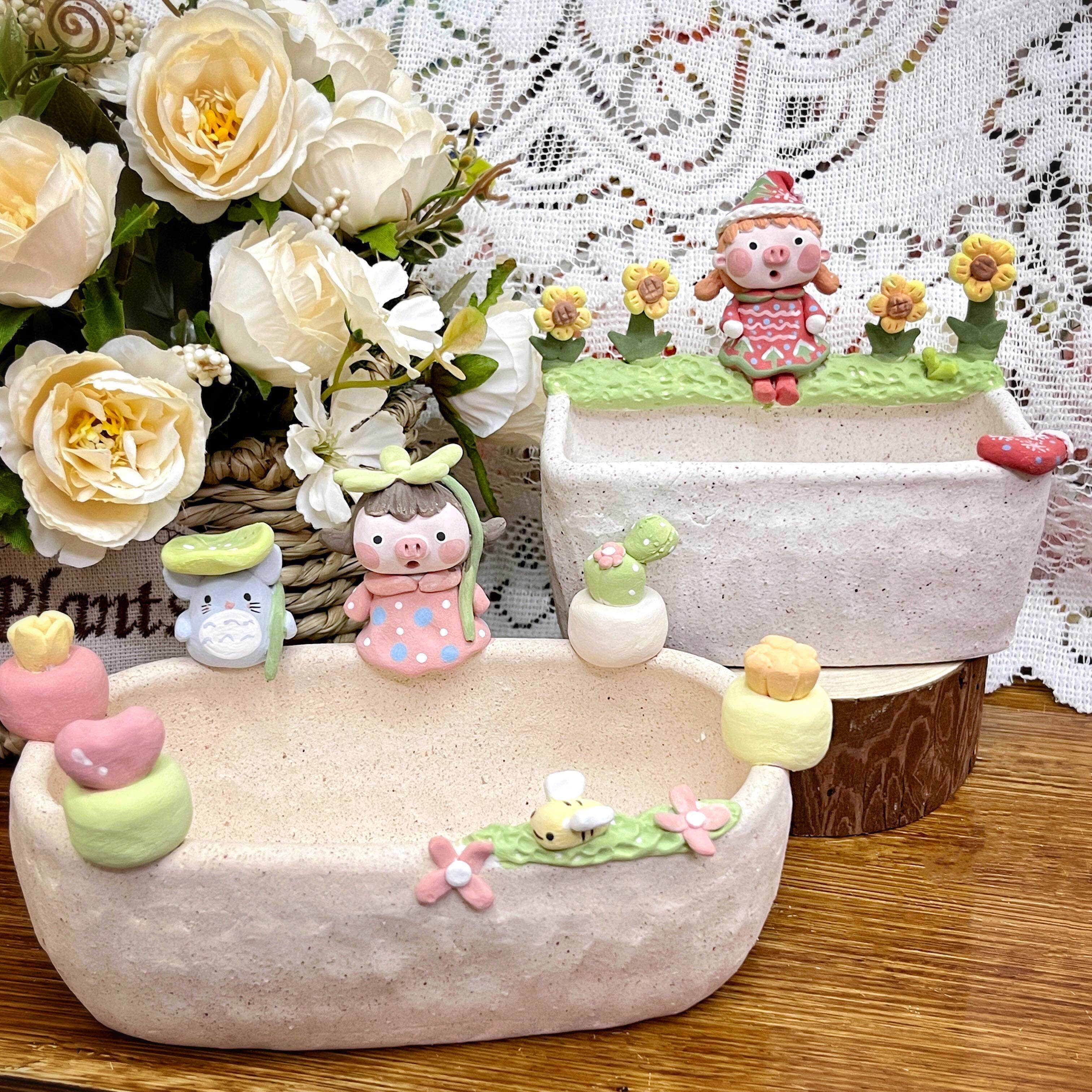 素烧白砂陶猪猪手捏立体可爱透气拇指肉锥生石花长方拼盘多肉花盆