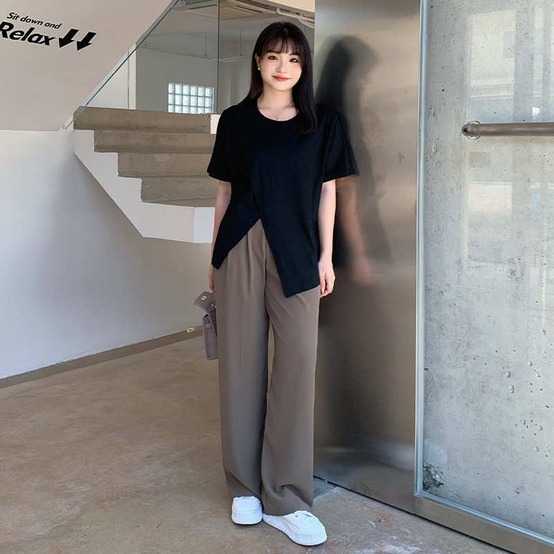 大码女装新款上衣胖mm套装遮肚子两件套垂坠感显瘦时尚西装裤3097