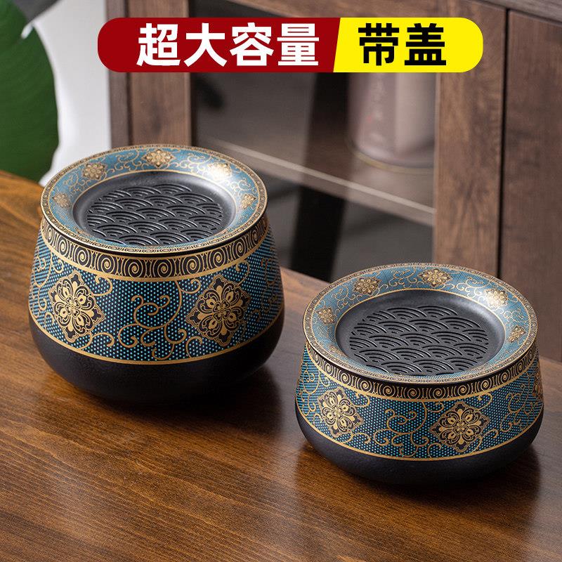 晟窑茶渣缸茶洗家用堆花茶洗带盖子茶钵覆古建水茶渣桶水孟大号水