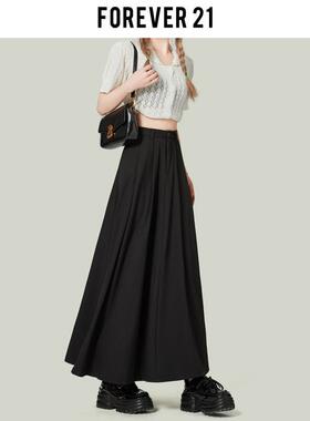 Forever21赫本黑色高腰百褶裙女伯克利A字半身裙大摆中长西装裙子