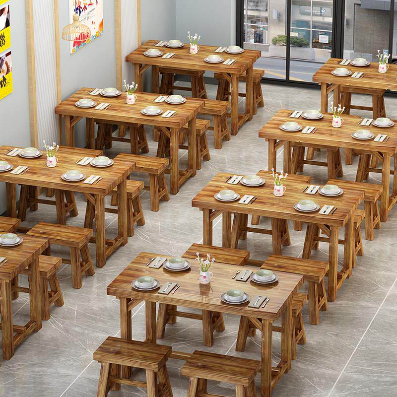 碳化实木餐桌烧烤店实木桌椅组合小吃店面馆实木快餐桌商用木桌子