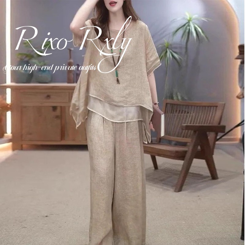RIXO RXLY高端轻奢棉麻套装女夏宽松假两件圆领上衣阔腿裤两件套