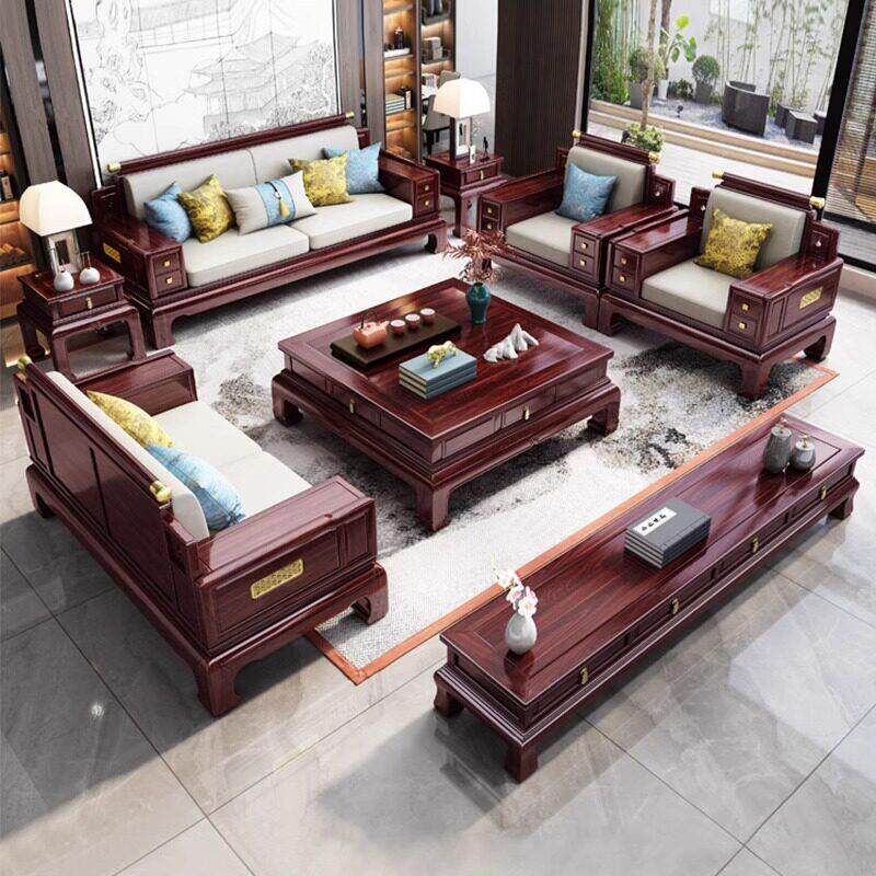 新中式乌金木全实木沙发组合冬夏两用高端客厅中国风储物别墅家俱