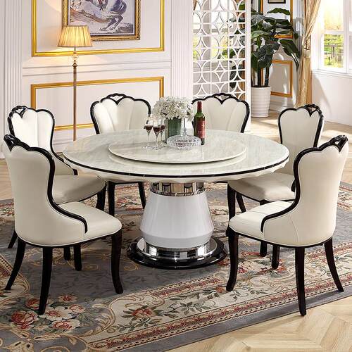 家用大理石圆形餐桌椅组合黑白色简约现代轻奢带转盘饭桌别墅圆桌