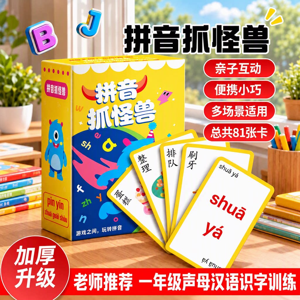 老师推荐一年级幼小衔接拼音抓怪兽卡片声母汉语识字训练卡牌游戏